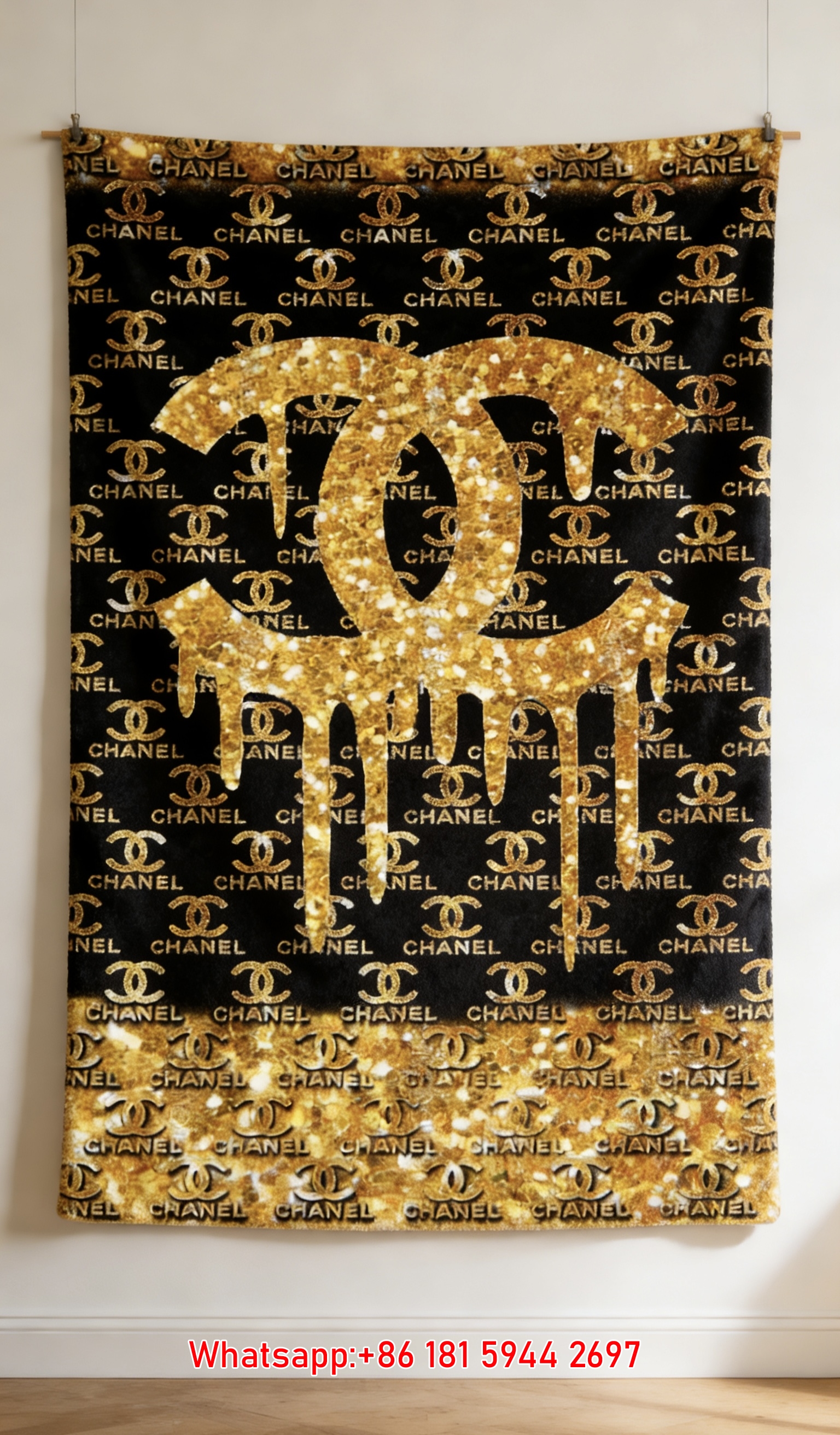 Gold Glitter Chanel CC Logo Flannel Fleece Throw Blanket IMG_7250